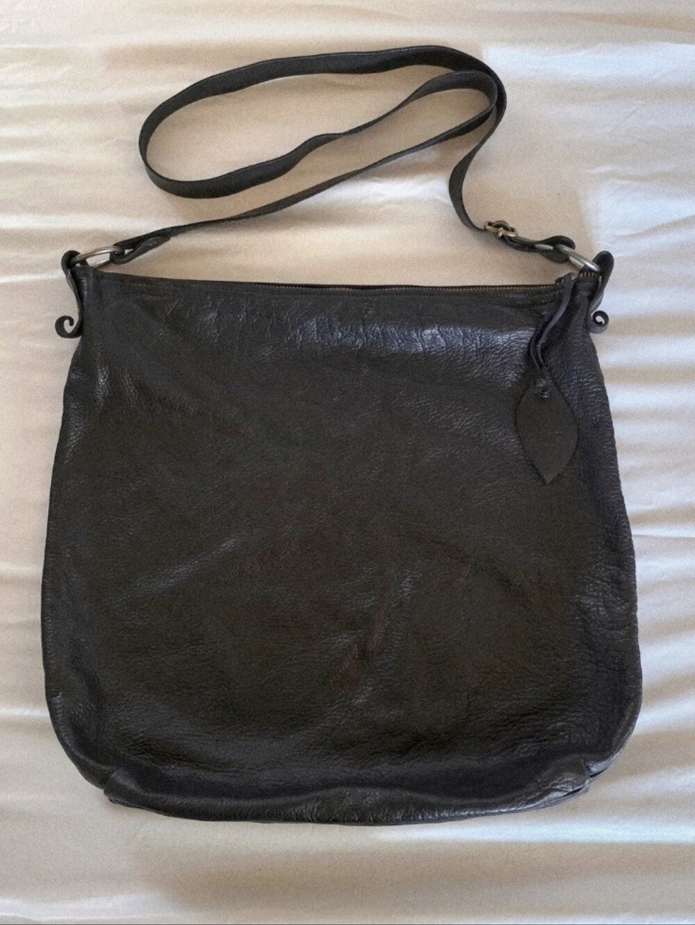 Oldries Italy Large Black Leather Purse Long Handle Crossbody Brass Hardware